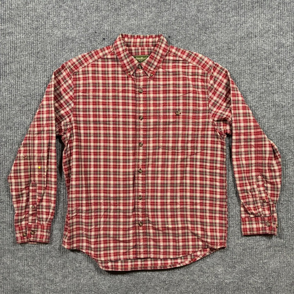 Eddie Bauer Plaid Button Down Shirt Mens Medium Red Cotton Outdoor Casual